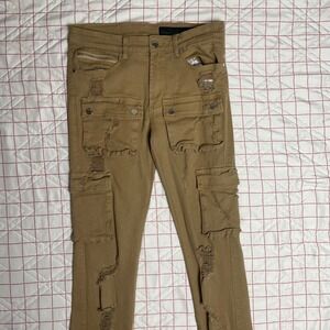 Rockstar Original RSM 225‎ Flare Denim Cargo Jeans Mens Tan Distressed Size 30